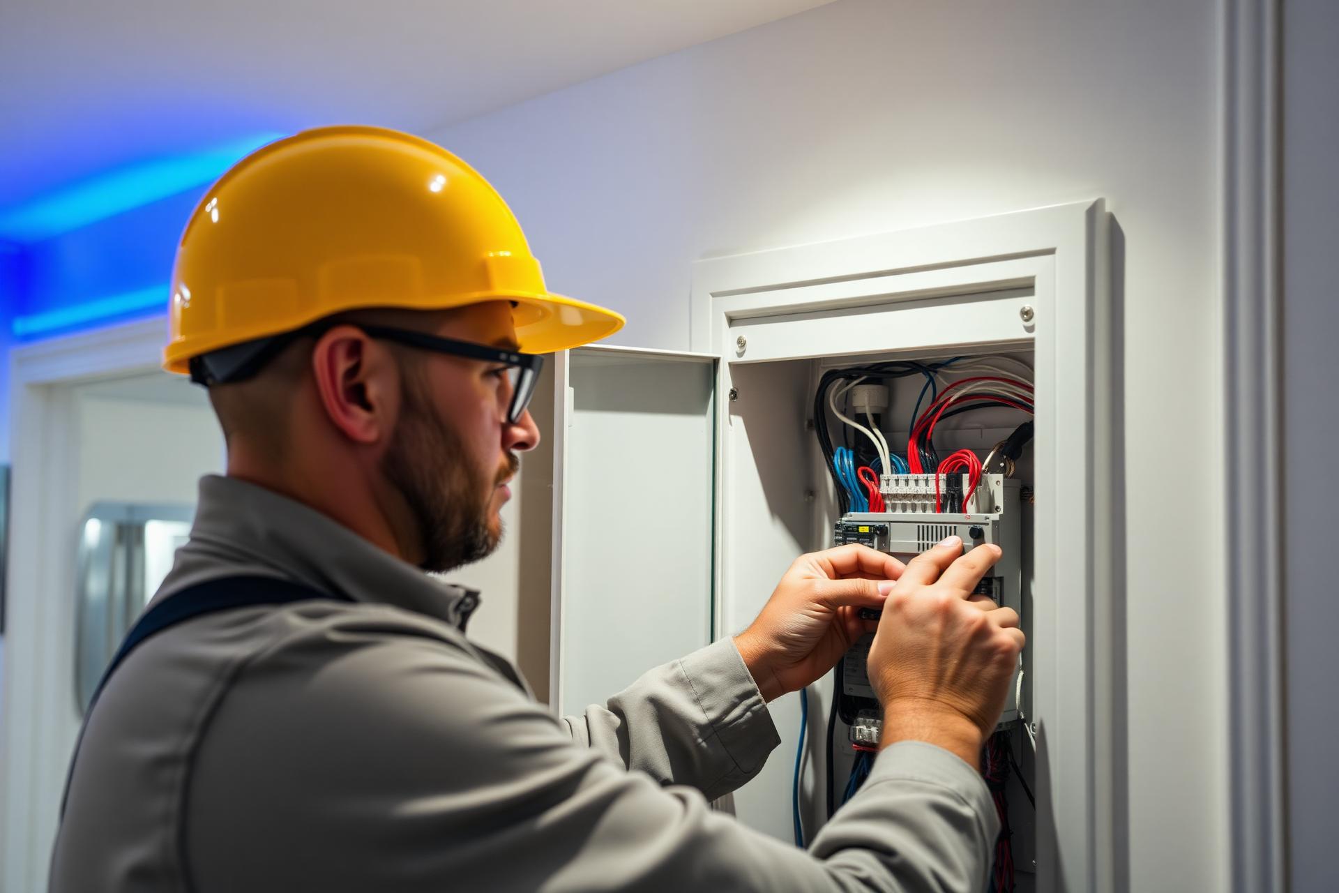Master electrician working on residential electrical panel